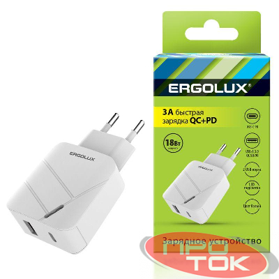 Адаптер сетевой 18Вт 1USB+1Type C 100-220В 5-9В/3А QC коробка бел. Ergolux 15252