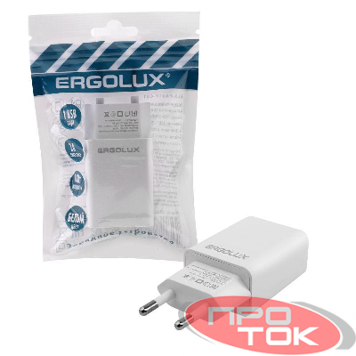 Адаптер сетевой 1USB 100-220В 5-9В/2А пакет бел. Ergolux 15203