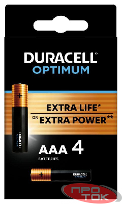 Элемент питания алкалиновый ААА 1.5В LR03-4BL Optimum 5014062 (блист.4шт) Duracell Б0056021